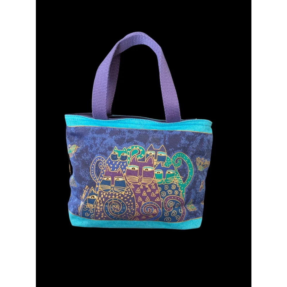 Small Laurel Burch Indigo Cats Double Handle Square Shaped Canvas Tote Bag